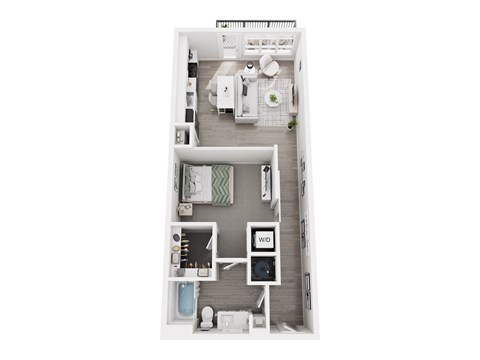 Floor plan layout of 745 sf studio apartment.